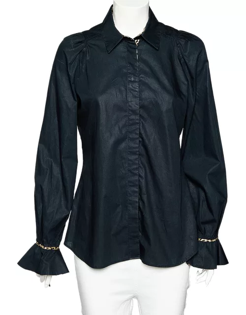 Just Cavalli Black Cotton Leopard Print Trim Button Front Shirt