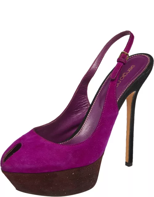 Sergio Rossi Purple Suede Cachet Peep Toe Platform Slingback Sandal
