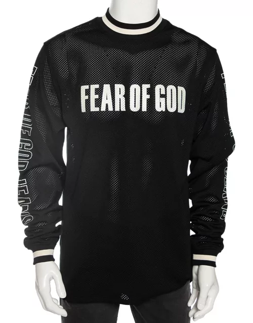 Fear of God Black Synthetic Logo Print Long Sleeved Mesh-Jersey T-Shirt