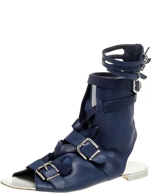 Gianvito Rossi Blue Leather Buckle Gladiator Ankle Length Flat Sandal