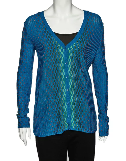 M Missoni Blue Patterned Dobby Knit Button Front Cardigan