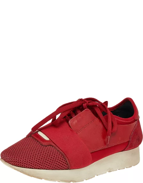 Balenciaga Red Mesh Leather and Suede Race Runner Low Top Sneaker
