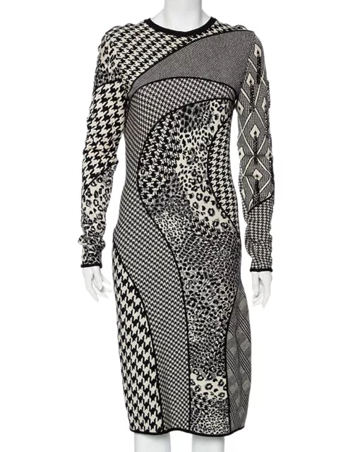 Salvatore Ferragamo Monochrome Printed Wool Embellished Sleeve Detail Dress