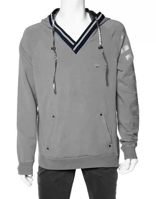 Emporio Armani Grey Cotton Knit Contrast Trim hooded Sweatshirt