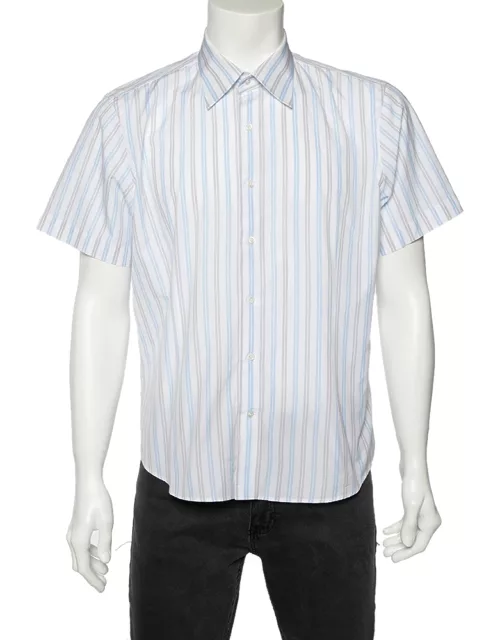 Balmain White Striped Cotton Short Sleeve Shirt