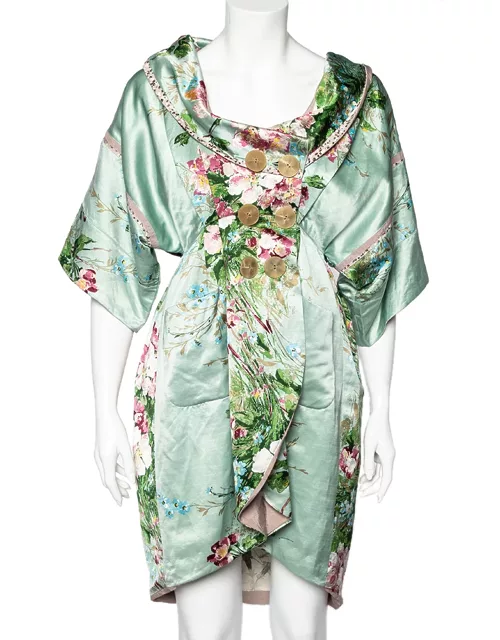 Kenzo Mint Green Floral Print Linen Blend Double Breasted Coat