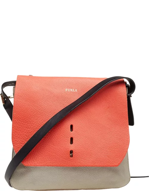Furla Orange/Grey Leather And Suede Flap Shoulder Bag