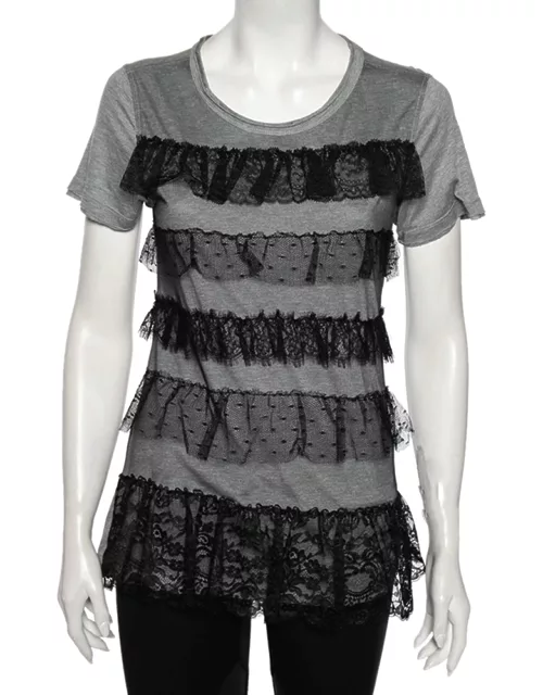 Red Valentino Grey Ruffled Lace and Jersey Short Sleeve T Shirt