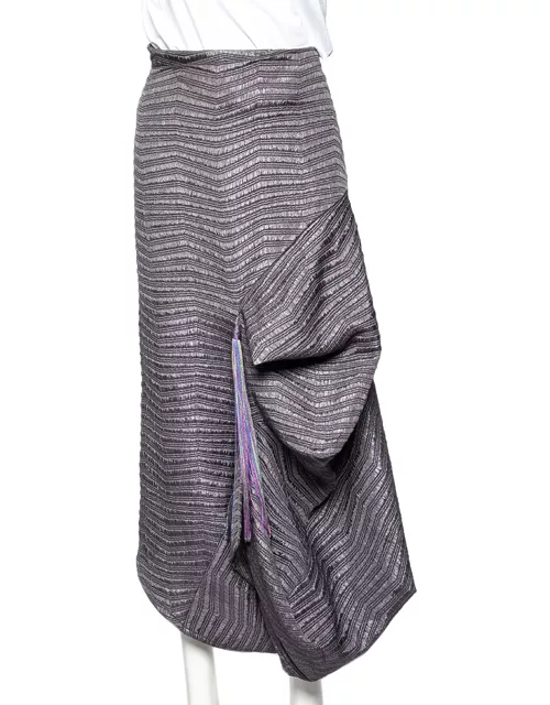 Emporio Armani Grey Textured Synthetic Tassel Trim Draped Midi Skirt