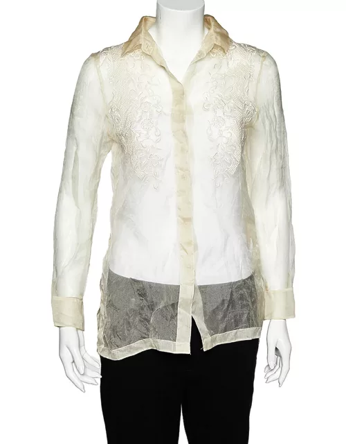 Valentino Cream Embroidered Silk Sheer Shirt