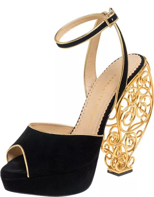 Charlotte Olympia Black/Gold Suede Avalon Peep Toe Platform Wire Heel Ankle Strap Sandal