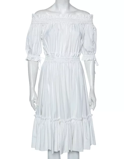 Alexander McQueen White Cotton Ruched Tiered Off Shoulder Midi Dress