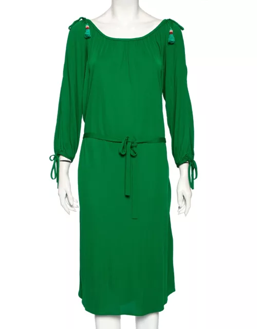 Roberto Cavalli Green Jersey Cold Shoulder Tassel Tie Detailed Belted Dress