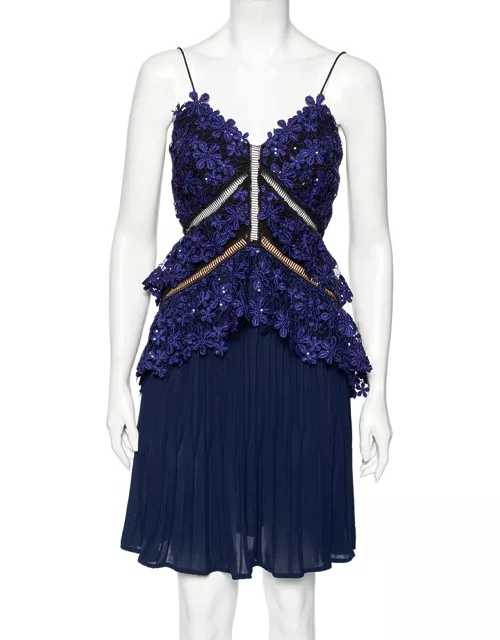 Self-Portrait Blue Chiffon And Embellished Guipure Lace Overlay Short Pleated Dress