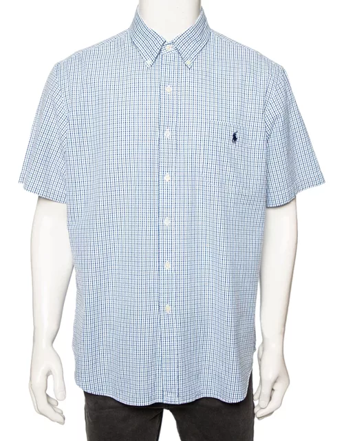 Ralph Lauren Blue Checkered Cotton Button Front Short Sleeve Shirt