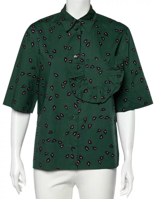 Marni Green Printed Ruffled Trim Pocket Detailed Button Front Shirt