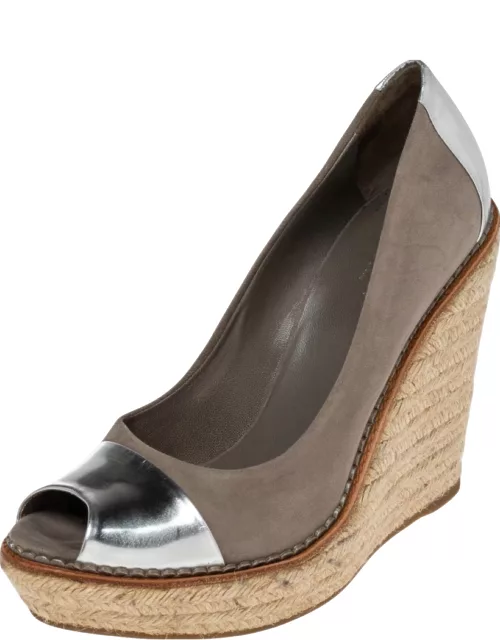 Gucci Grey/Silver Suede And Leather Peep Toe Espadrilles Wedge