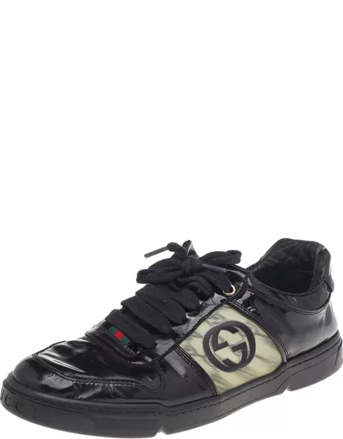 Gucci Black Patent Leather Interlocking G Hologram Logo Low Top Sneaker