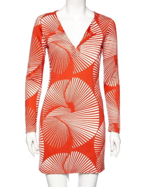Diane von Furstenberg Dull Orange Printed Silk Reina Long Sleeve Dress