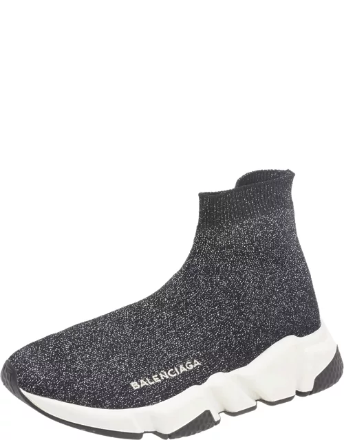Balenciaga Black/Silver Glitter Knit Fabric Speed Trainer Sneaker