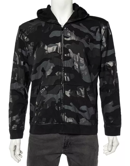 Valentino Black Camouflage Print Cotton Zip Up Hooded Sweatshirt