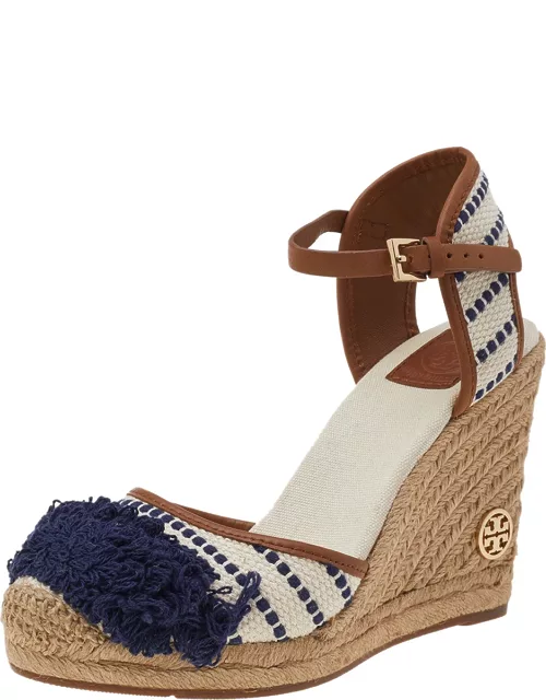 Tory Burch White/Blue Canvas And Leather Wedge Espadrille Ankle Strap Sandal
