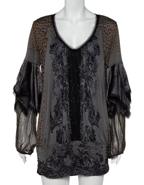 Class by Roberto Cavalli Grey Printed Jersey Overlay Sleeve Detailed Top