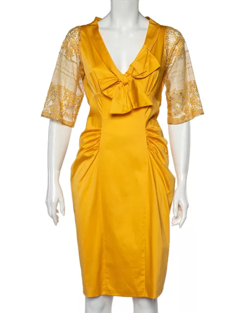 Moschino Yellow Cotton And Lace Sleeve Bow Detail Midi Dress
