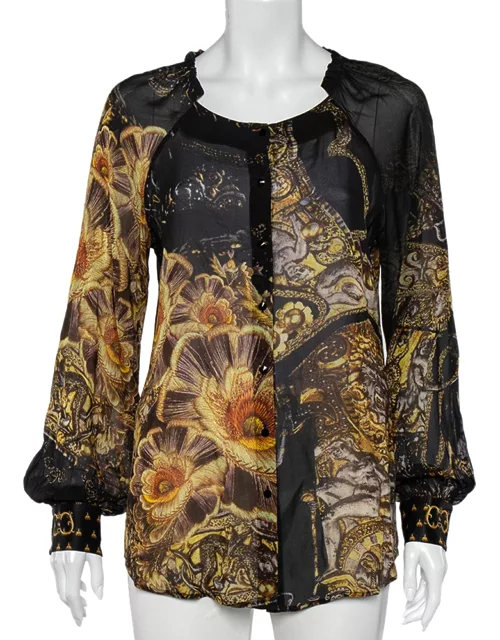Class by Roberto Cavalli Black Printed Silk Ruffled Neck Button Front Top