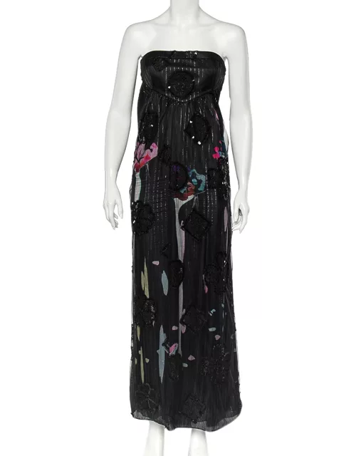 Giorgio Armani Black Printed Silk & Embellished Tulle Scarf Detail Strapless Gown