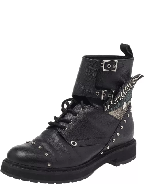 Fendi Black Leather Embellished Buckle Strap Ankle Boot