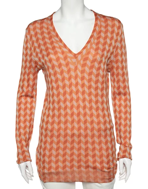 Bottega Veneta Orange Chevron Knit V-Neck Long Sleeve Sweater