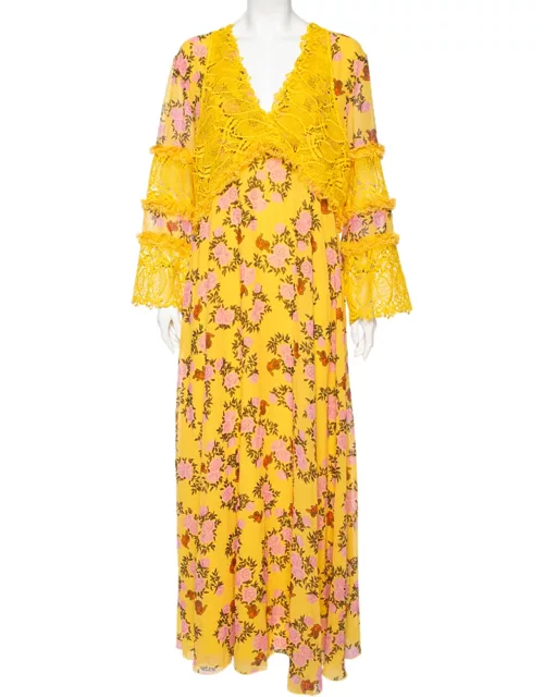 Giamba Yellow Floral Printed Chiffon & Lace Detail Maxi Dress