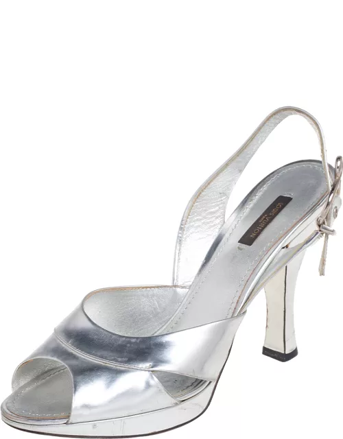 Louis Vuitton Silver Leather Peep Toe Slingback Sandal