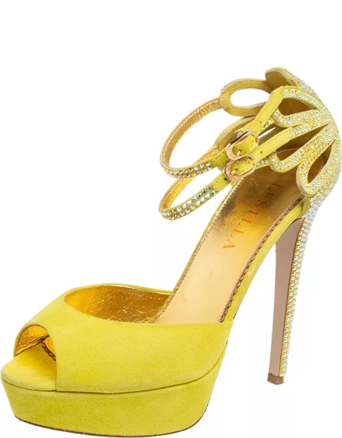Le Silla Lime Yellow Embellished Suede Strappy Platform Ankle Strap Sandal