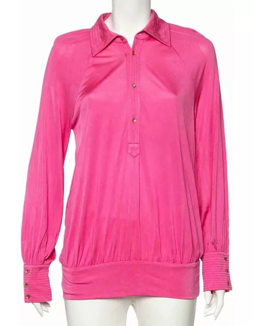 Class by Roberto Cavalli Pink Silk Knit Button Front Top