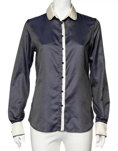 D & G Navy Blue Textured Silk Blend Contrast Trim Shirt