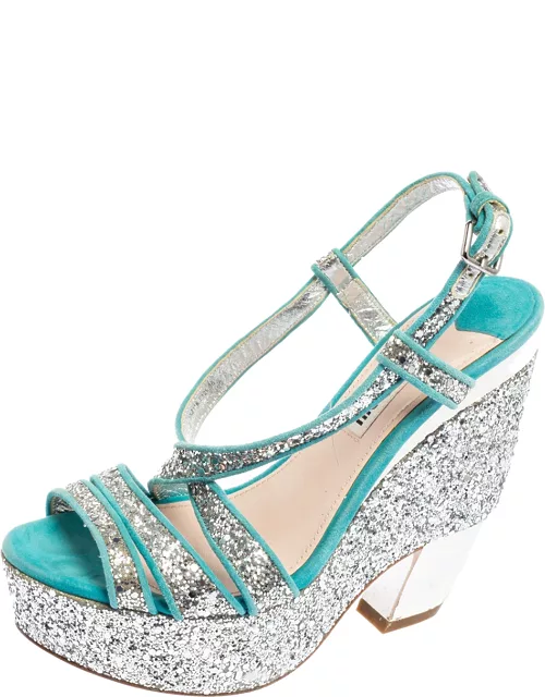 Miu Miu Turquoise Suede and Glitter Ankle Strap Platform Sandal