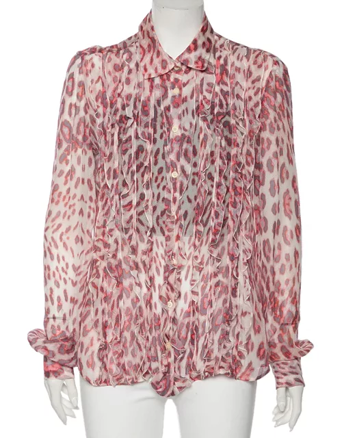 Just Cavalli Pink Printed Silk Ruffle Detail Button Front Sheer Shirt