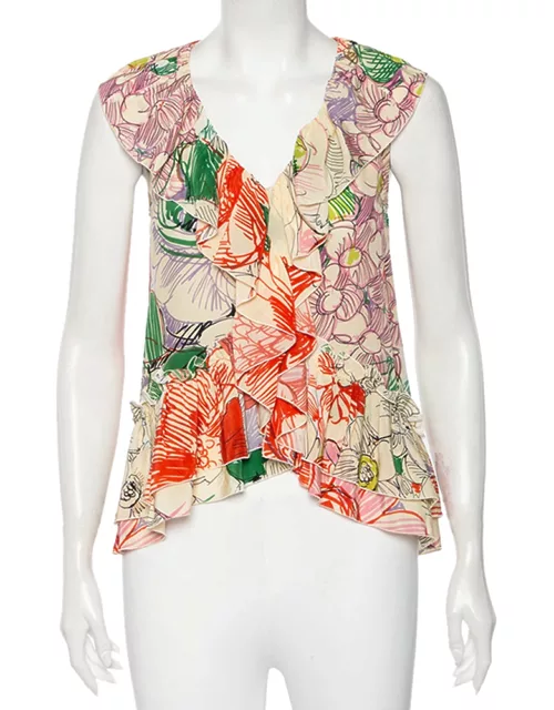 Stella McCartney Multicolored Floral Printed Silk Ruffled Sleeveless Top