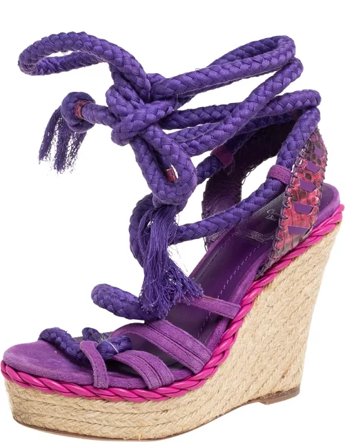Dior Purple Suede And Python Leather Espadrille Wedge Ankle Wrap Sandal