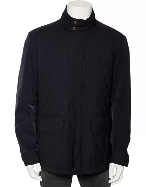 Ermenegildo Zegna Navy Blue Wool Quilted Concealed Hood Detail Jacket