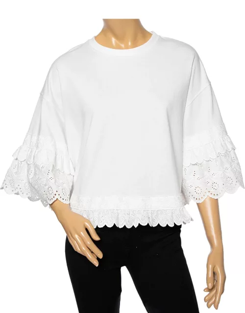 McQ by Alexander McQueen White Cotton Eyelet Trimmed Ruffled T-Shirt