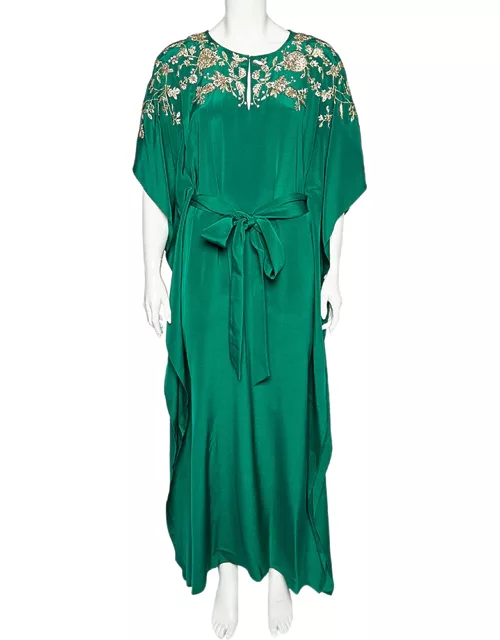 Oscar de la Renta Green Silk Embellished Belted Kaftan Dress