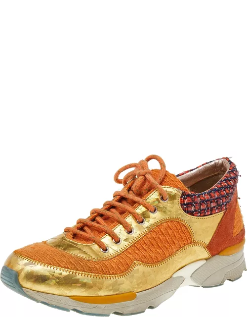 Chanel Orange/Gold Tweed And Suede CC Low Top Sneaker