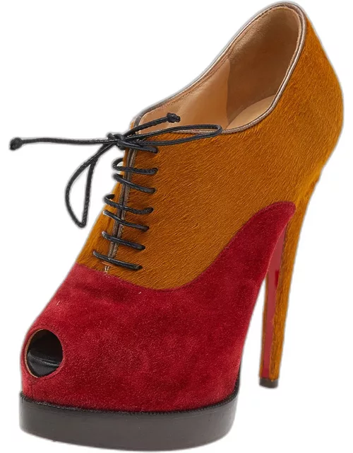Christian Louboutin Yellow/Red Pony Hair And Suede Miss Poppins Peep Toe Platform Bootie