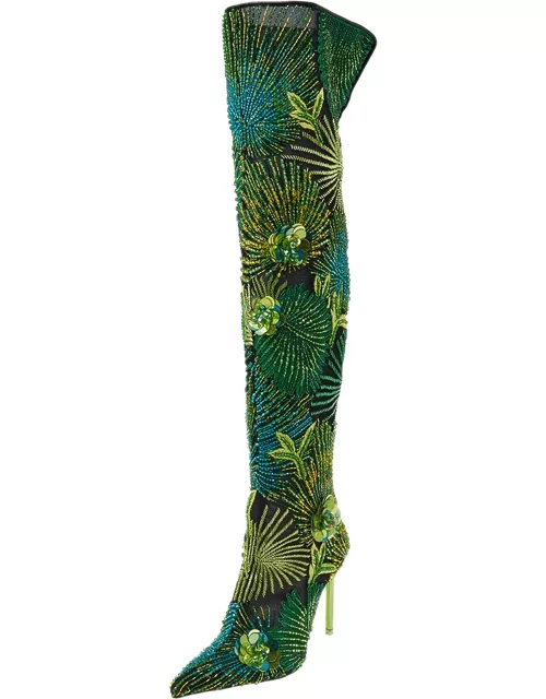 Versace Black Mesh And Green Embroidered Bead Jungle Print Over The Knee Boot