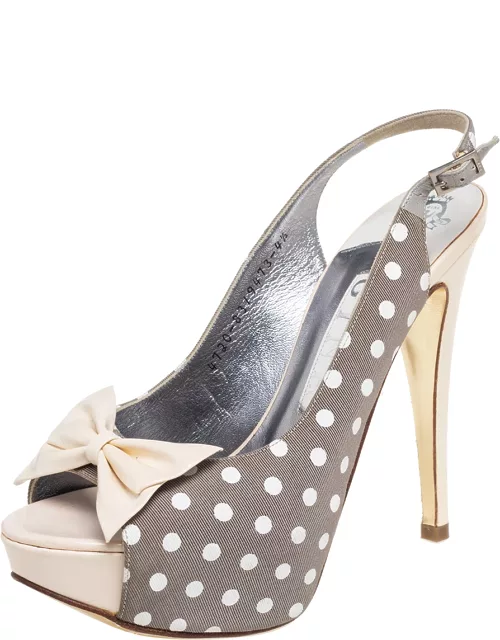 Gina Grey/Cream Polka Canvas And Patent Leather Bow Open Toe Sandal