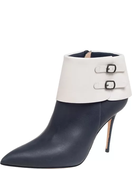 Manolo Blahnik Blue/White Leather Buckle Pointed Toe Ankle Boot