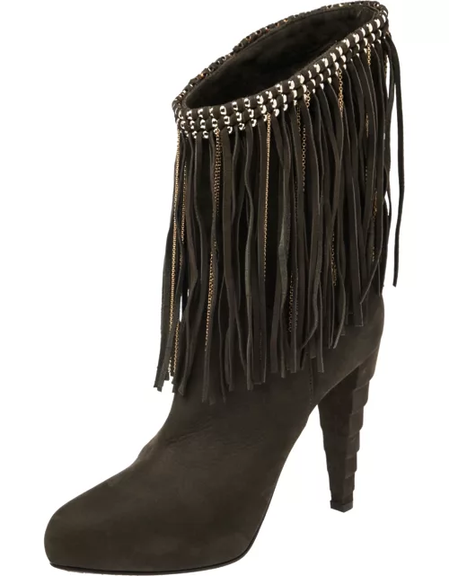 Le Silla Dark Green Suede Chain Embellished Mid Calf Length Boot